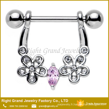 Barbell acier chirurgical Zircon rose Flashy fleurs Nipple Shield Ring